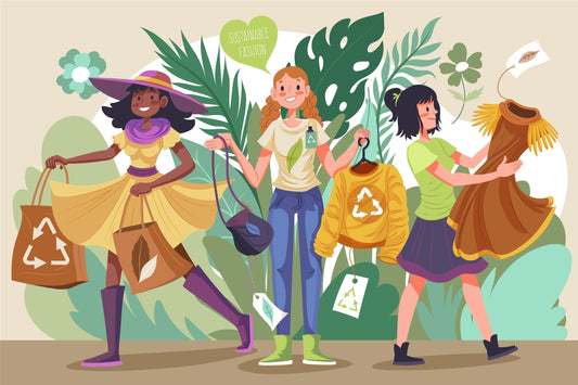 Illustration av tre glada kvinnor som bär ekologiska och återvunna kläder i en grön miljö – symbol för hållbart mode och medveten stil.