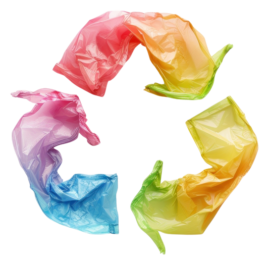 Plastflaskor formade till en återvinningssymbol på mörk bakgrund – en visuell tolkning av hur avfall blir till hållbart mode.