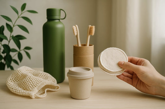 Ekologiska hygienprodukter: återanvändbara bomullspads, bambutandborstar, nätpåse och flergångsmugg – plastfritt badrum.