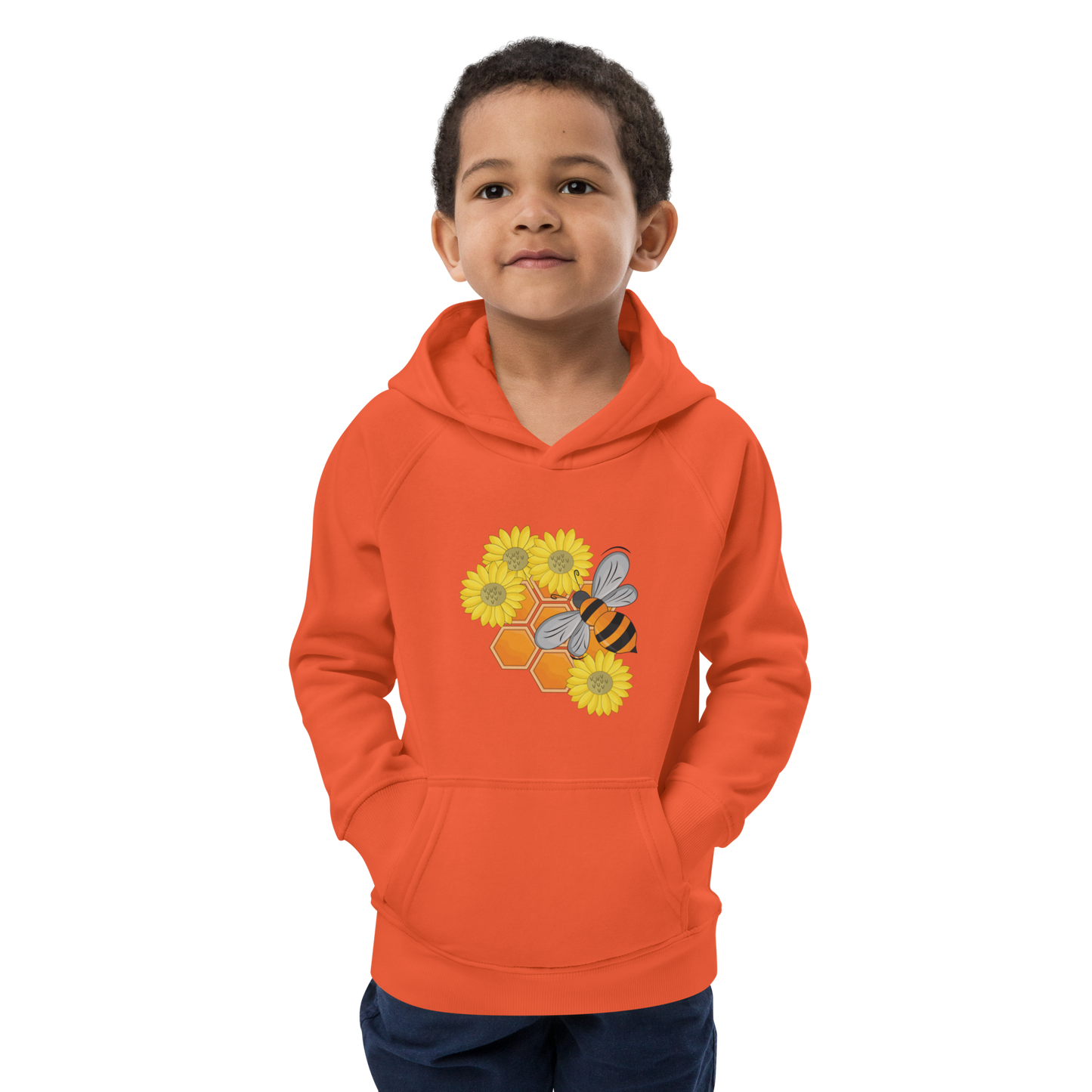 Ekologisk barnhoodie – Bi, Blommor och Honungskakor