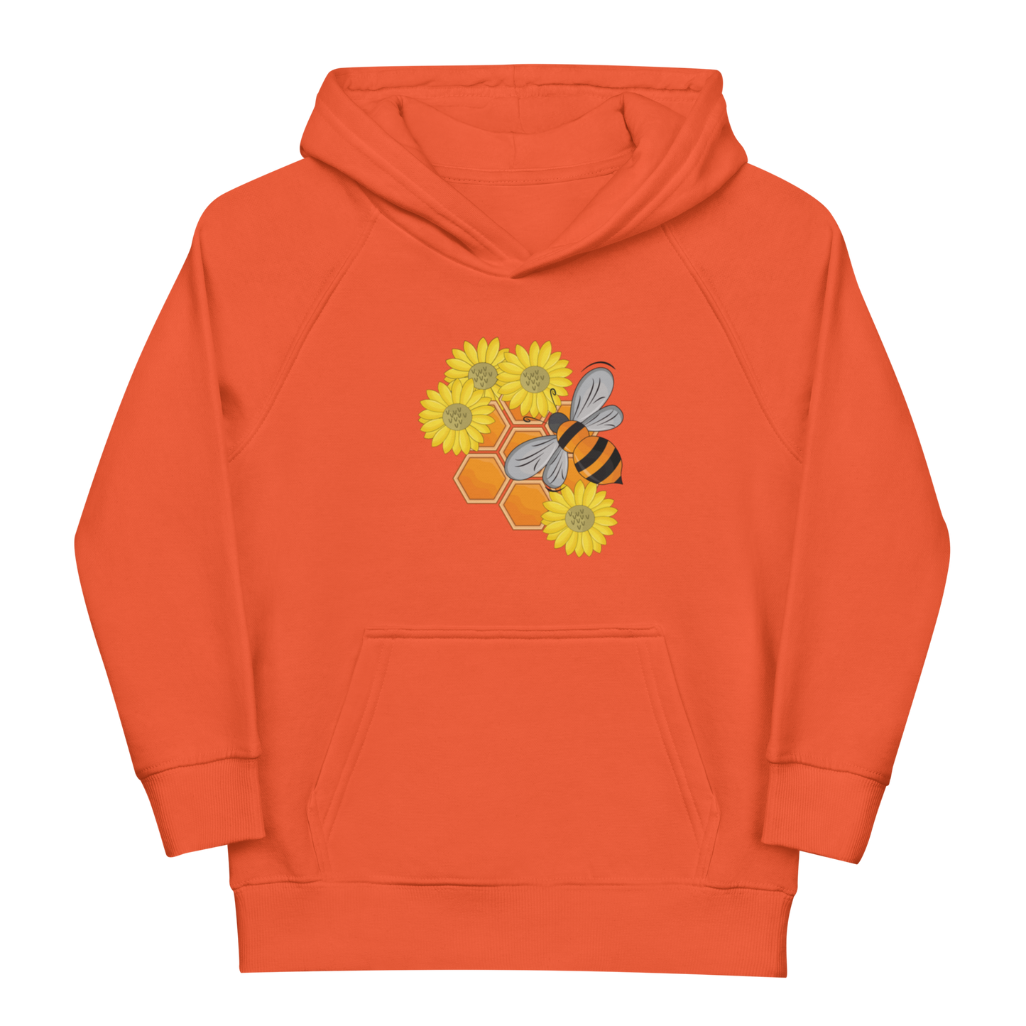Ekologisk barnhoodie i rostorange med tecknat bi, blommor och honungskakor framtill.
Organic kids hoodie in burnt orange with a cartoon bee, flowers and honeycomb print on the front.