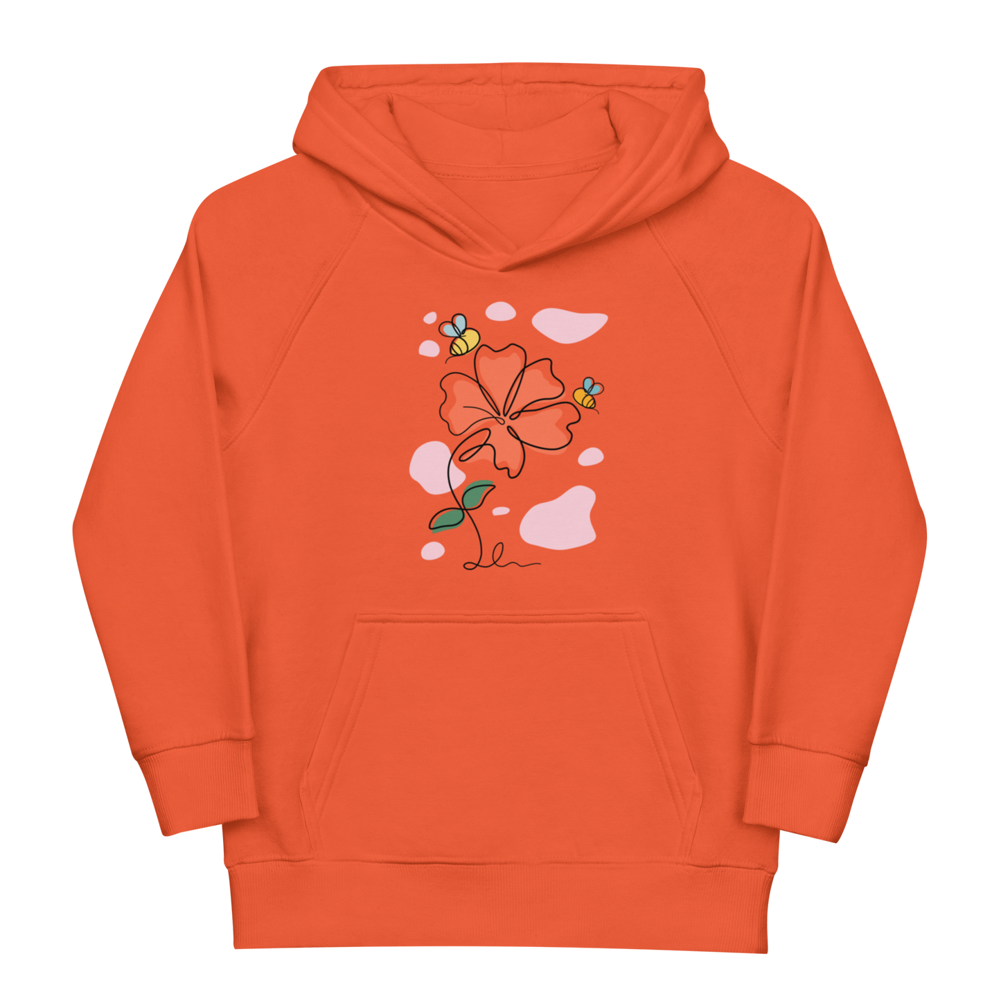 Ekologisk barnhoodie i rostorange med linjetecknad blomma och bin framtill.
Organic kids hoodie in burnt orange with line art flower and bees on the front.