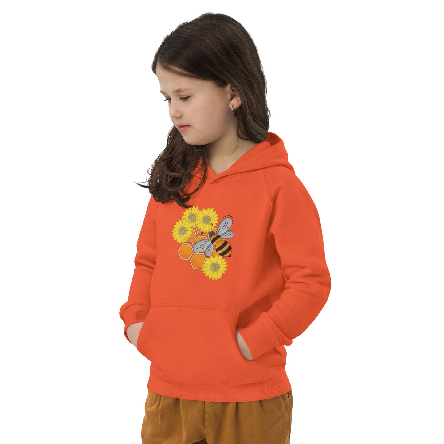 Ekologisk barnhoodie – Bi, Blommor och Honungskakor