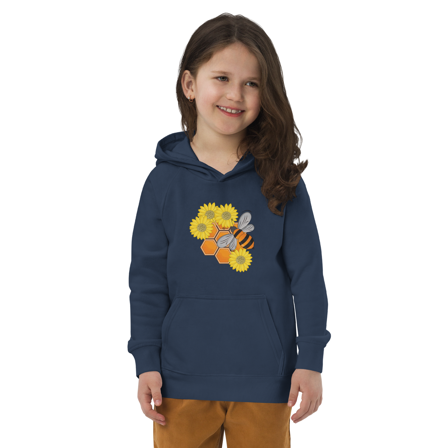 Ekologisk barnhoodie – Bi, Blommor och Honungskakor