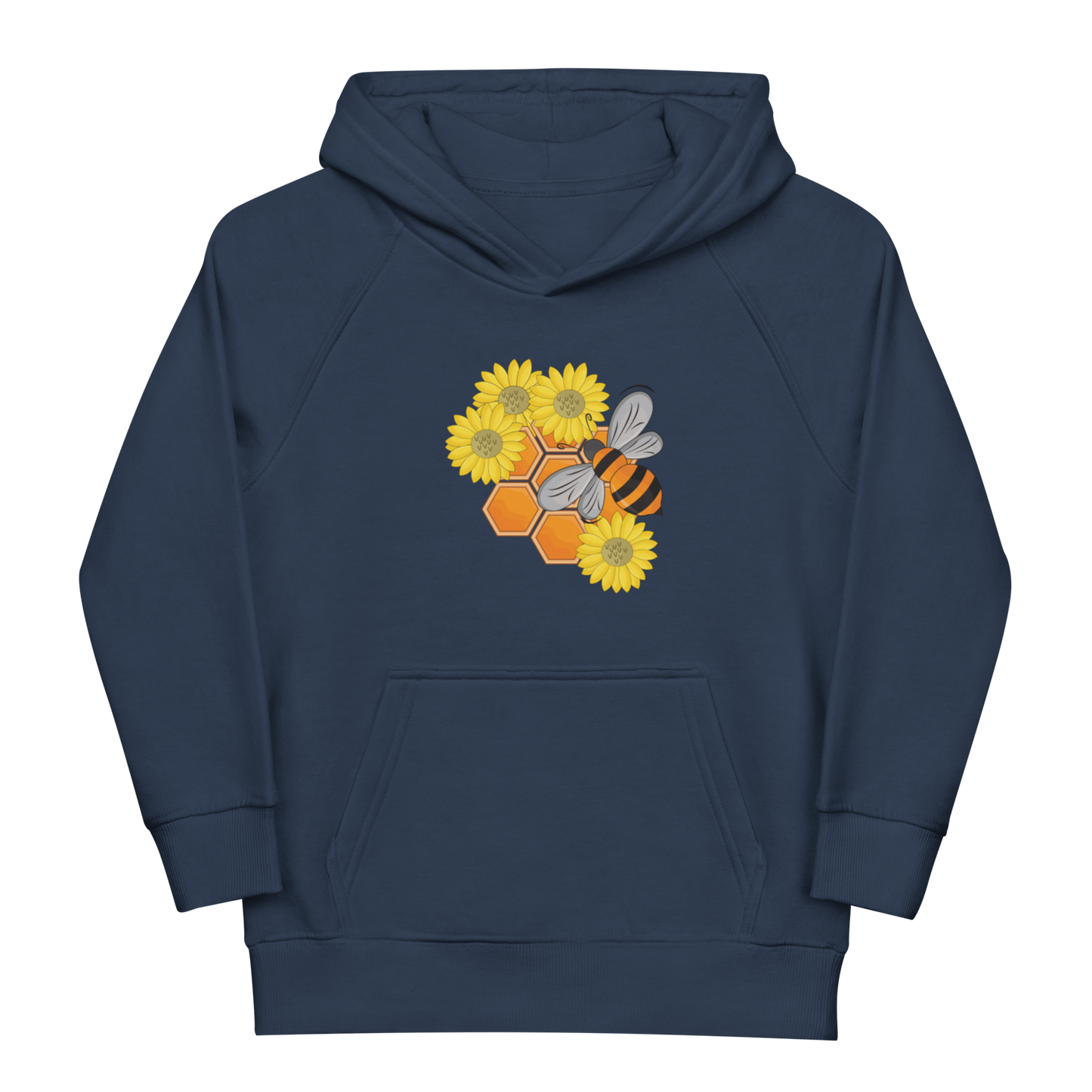 Ekologisk barnhoodie marinblå med tecknat bi, blommor och honungskakor framtill.
Organic kids hoodie in french navy with a cartoon bee, flowers and honeycomb print on the front.
