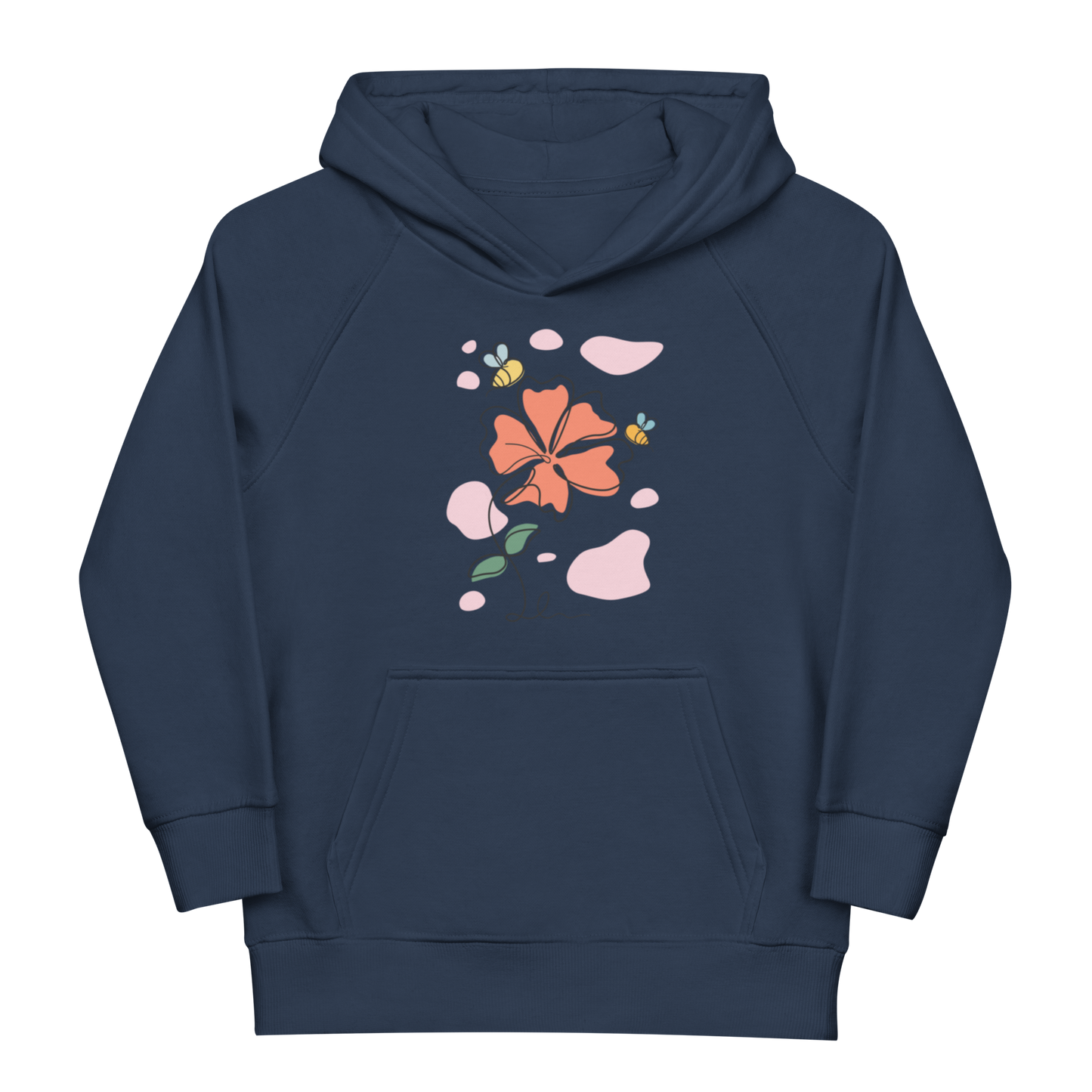 Ekologisk barnhoodie i marinblå med linjetecknad blomma och bin framtill.
Organic kids hoodie in french navy with line art flower and bees on the front.