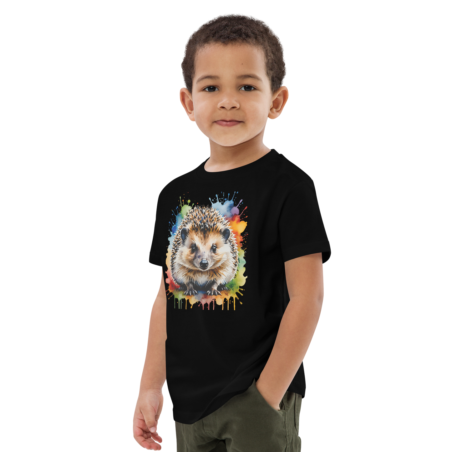 Ekologisk barn-t-shirt – Igelkott med Färgstänk
