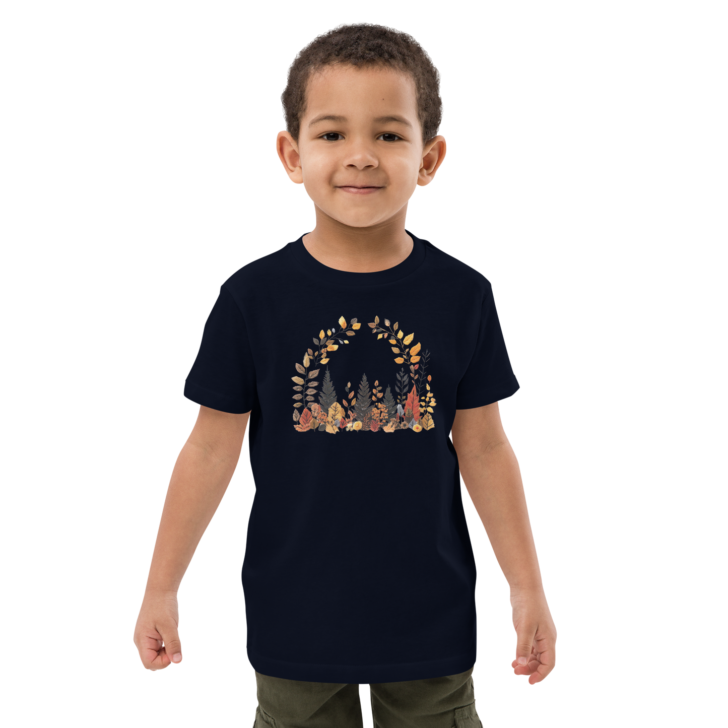 Ekologisk barn-t-shirt – Höstlöv i Broderieffekt