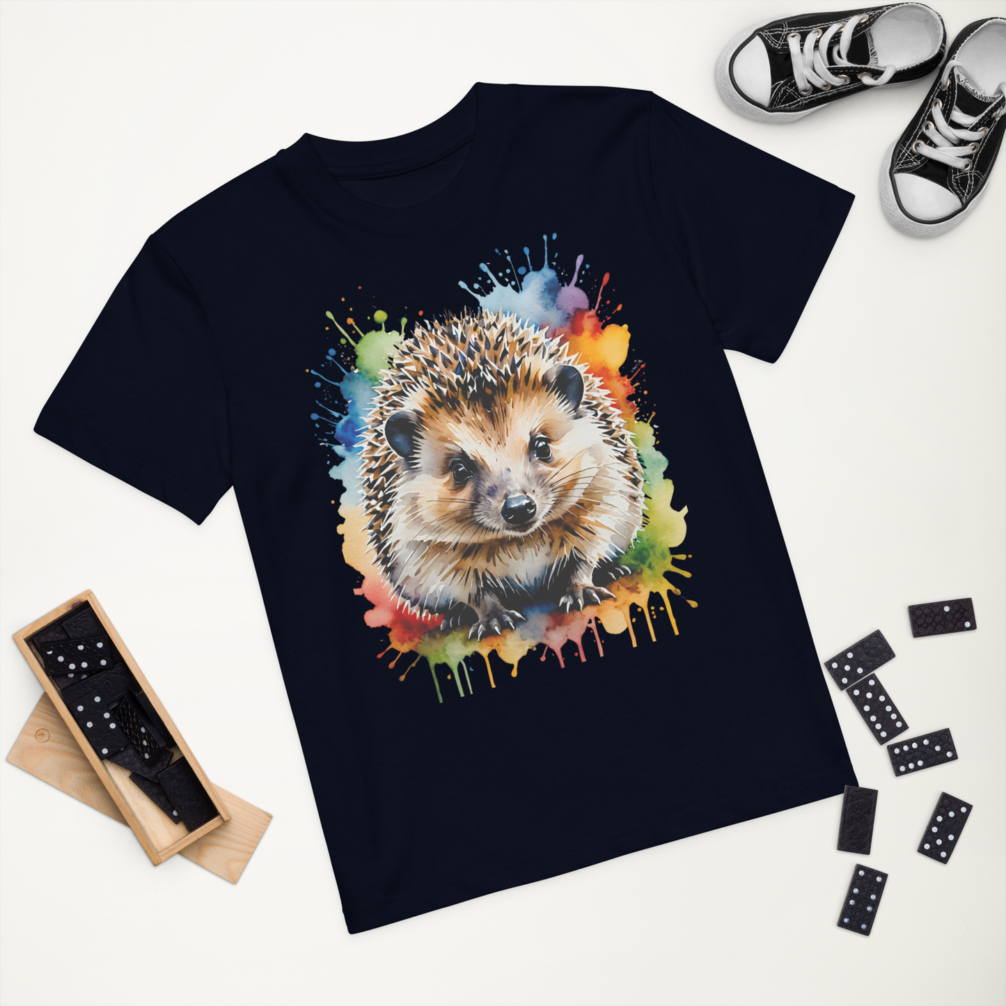 Ekologisk barn-t-shirt i färgen marinblå med realistisk igelkott och färgstänk framtill.
Organic kids t-shirt in french navy with a realistic hedgehog and colorful paint splatter on the front.