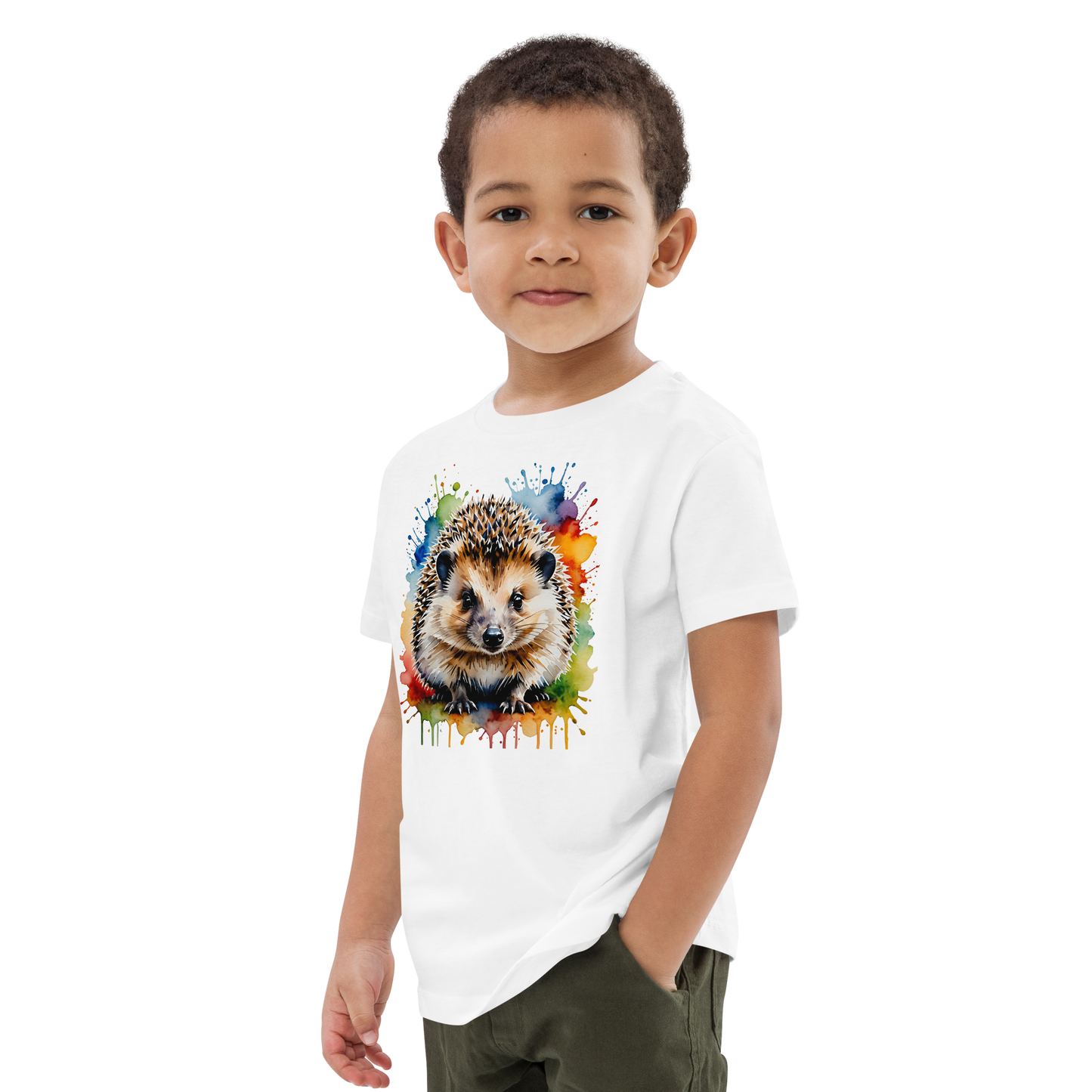 Ekologisk barn-t-shirt – Igelkott med Färgstänk