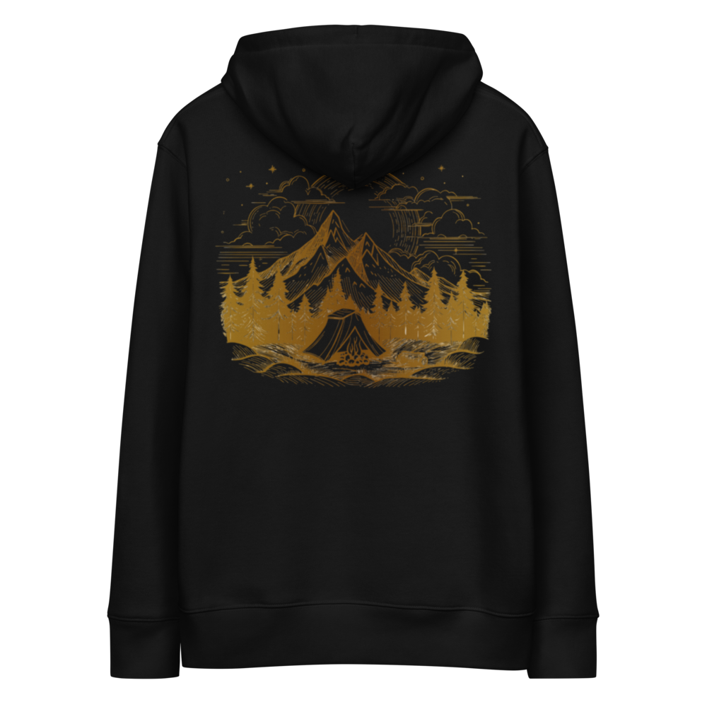 Svart hoodie med ett gult tryck av berg, skog och solnedgång på ryggen. A black hoodie with a yellow print of mountains, forest, and sunset on the back.