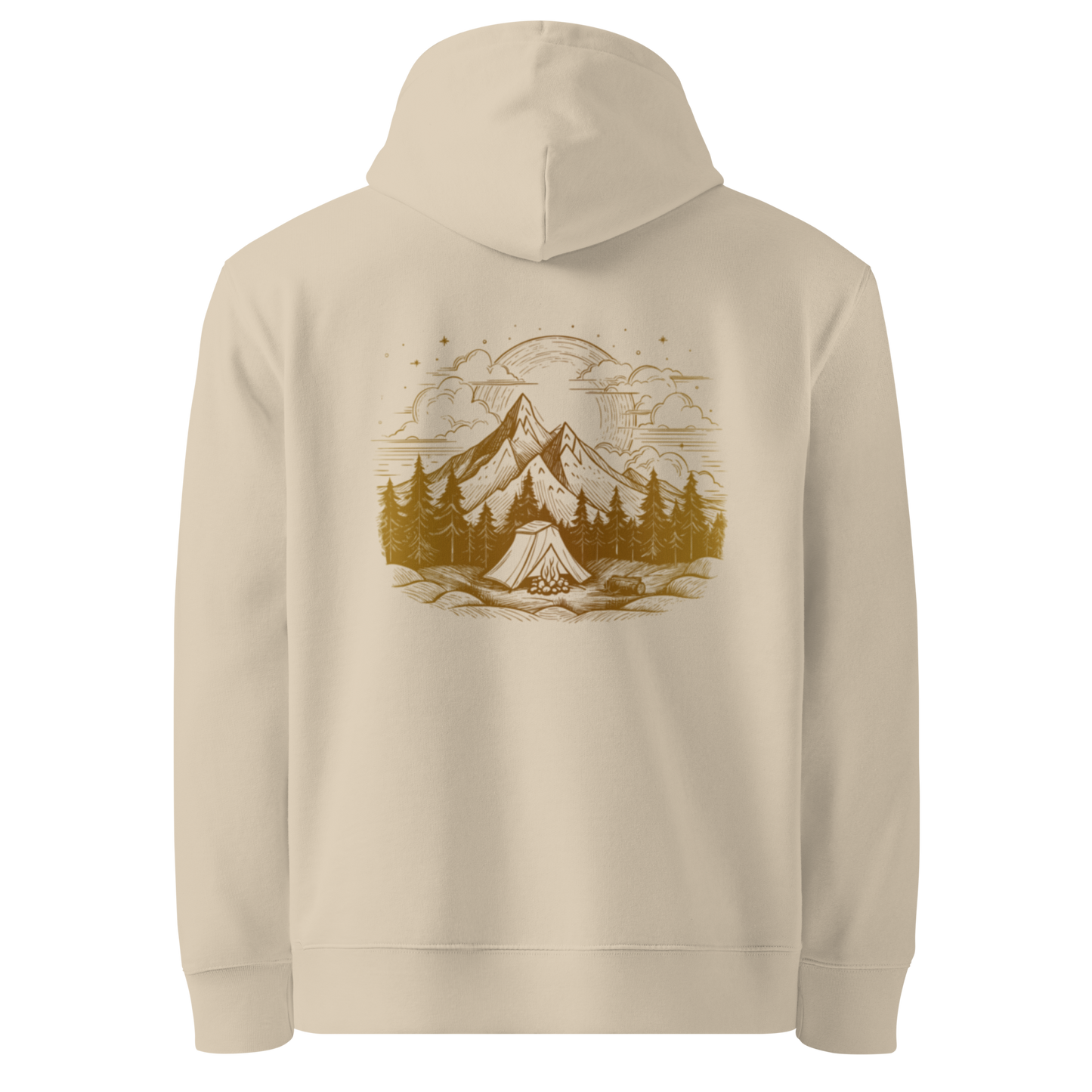 Sandfärgad hoodie med ett gult tryck av berg, skog och solnedgång på ryggen.
Desert dust hoodie with a yellow print of mountains, forest, and sunset on the back.
