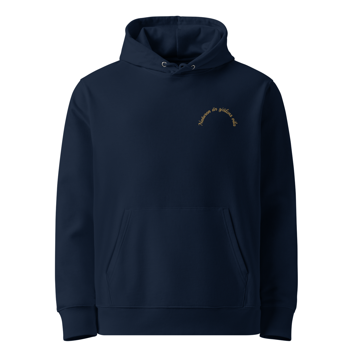 Marinblå unisex ekologisk hoodie med broderad text "Naturen är själens vila" framtill i guldgult.
French navy unisex organic hoodie with embroidered golden text "Naturen är själens vila" on the front.