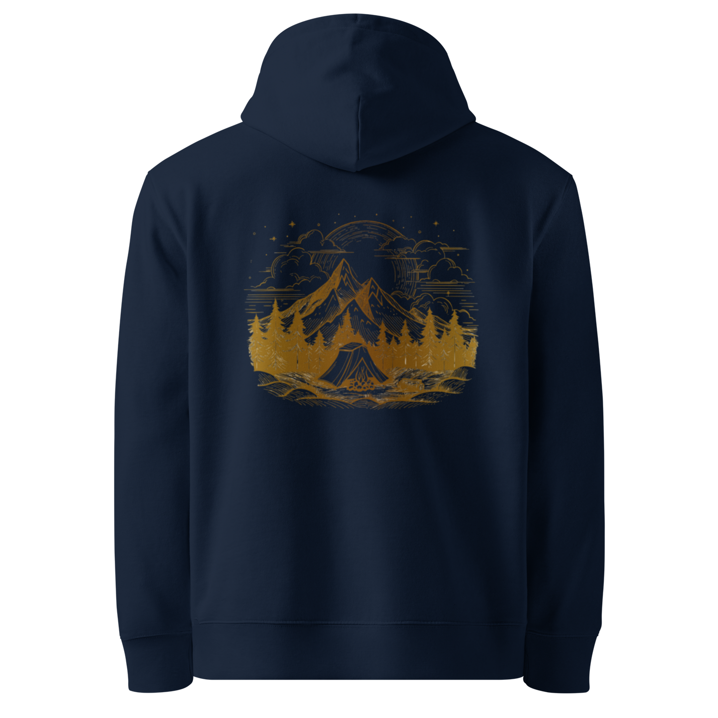 Marinblå hoodie med ett gult tryck av berg, skog och solnedgång på ryggen.
French navy hoodie with a yellow print of mountains, forest, and sunset on the back.