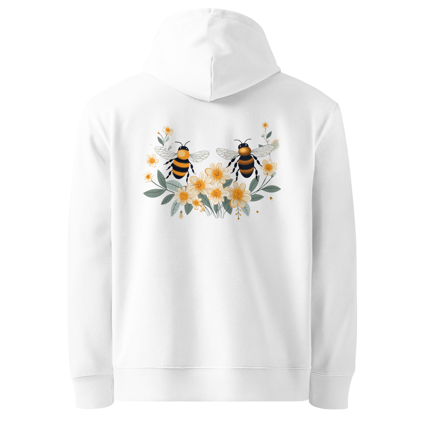 Baksida av vit unisex ekologisk hoodie med tryck av två bin och gula blommor.
Back view of white unisex organic hoodie with a print of two bees and yellow flowers.