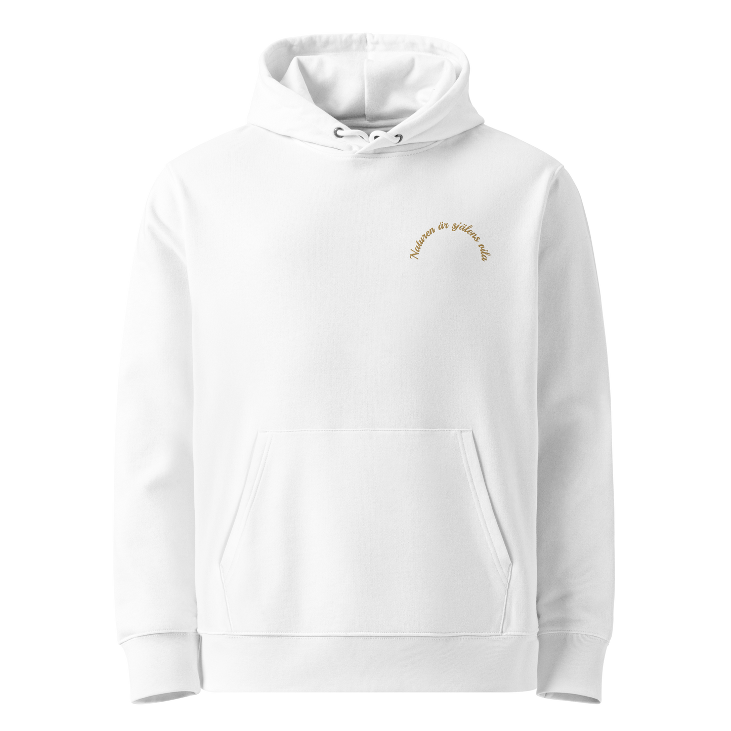 Vit unisex ekologisk hoodie med broderad text "Naturen är själens vila" framtill i guldgult.
White unisex organic hoodie with embroidered golden text "Naturen är själens vila" on the front.