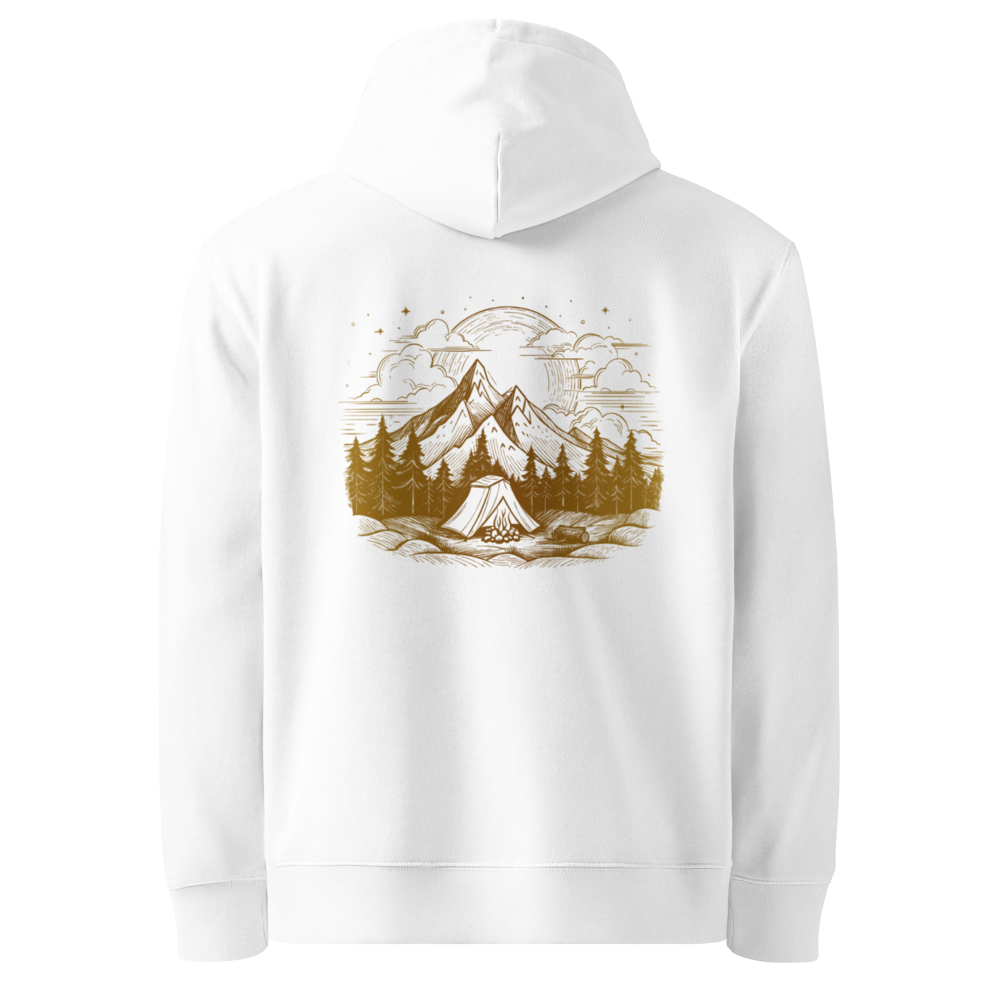 Vit hoodie med ett gult tryck av berg, skog och solnedgång på ryggen.
White hoodie with a yellow print of mountains, forest, and sunset on the back.