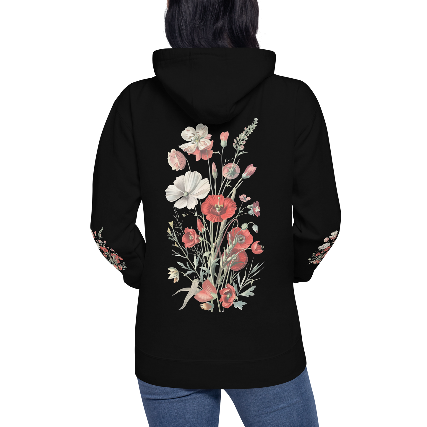 Unisex Premium Hoodie – Vilda Blommor i Rött