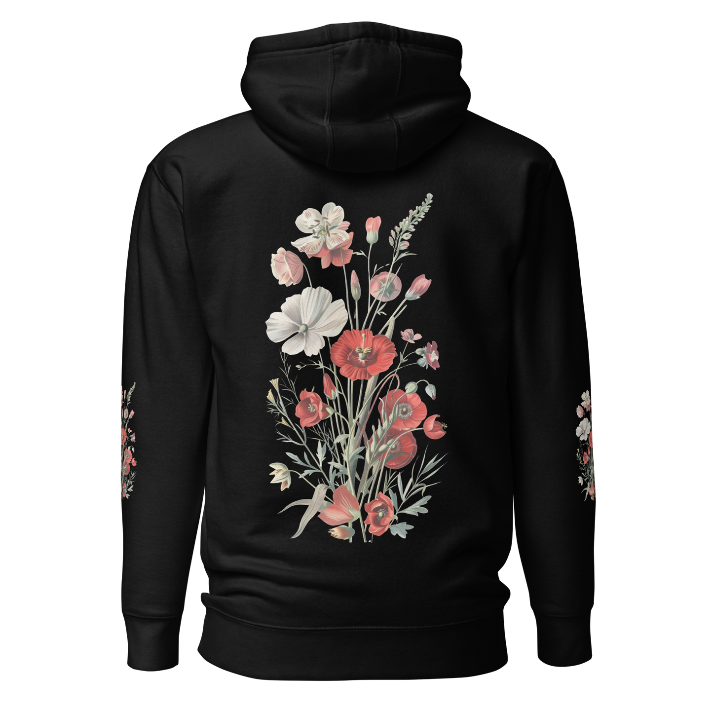 Svart unisex hoodie med detaljerade röda och vita vilda blommor tryckta på ryggen och båda ärmarna.
Black unisex hoodie with detailed red and white wildflowers printed on the back and both sleeves.