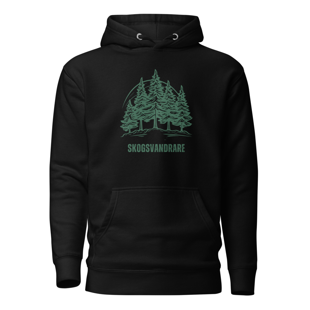Svart unisex hoodie med ett grönt granmotiv och texten “Skogsvandrare” tryckt på framsidan.
Black unisex hoodie with a green pine tree design and the text “Skogsvandrare” printed on the front.