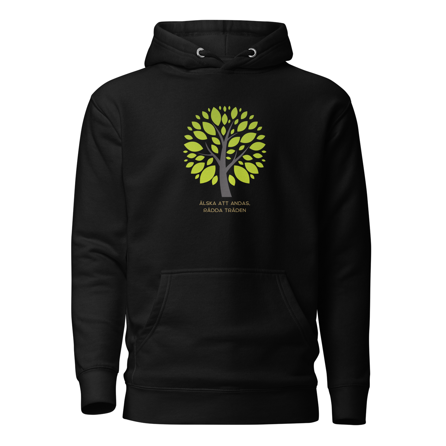 Svart unisex hoodie med stiliserat träd i gröna nyanser och texten “Älska att andas. Rädda träden.” tryckt på framsidan.
Black unisex hoodie with a stylized green tree and the text “Love to breathe. Save the trees.” printed on the front.