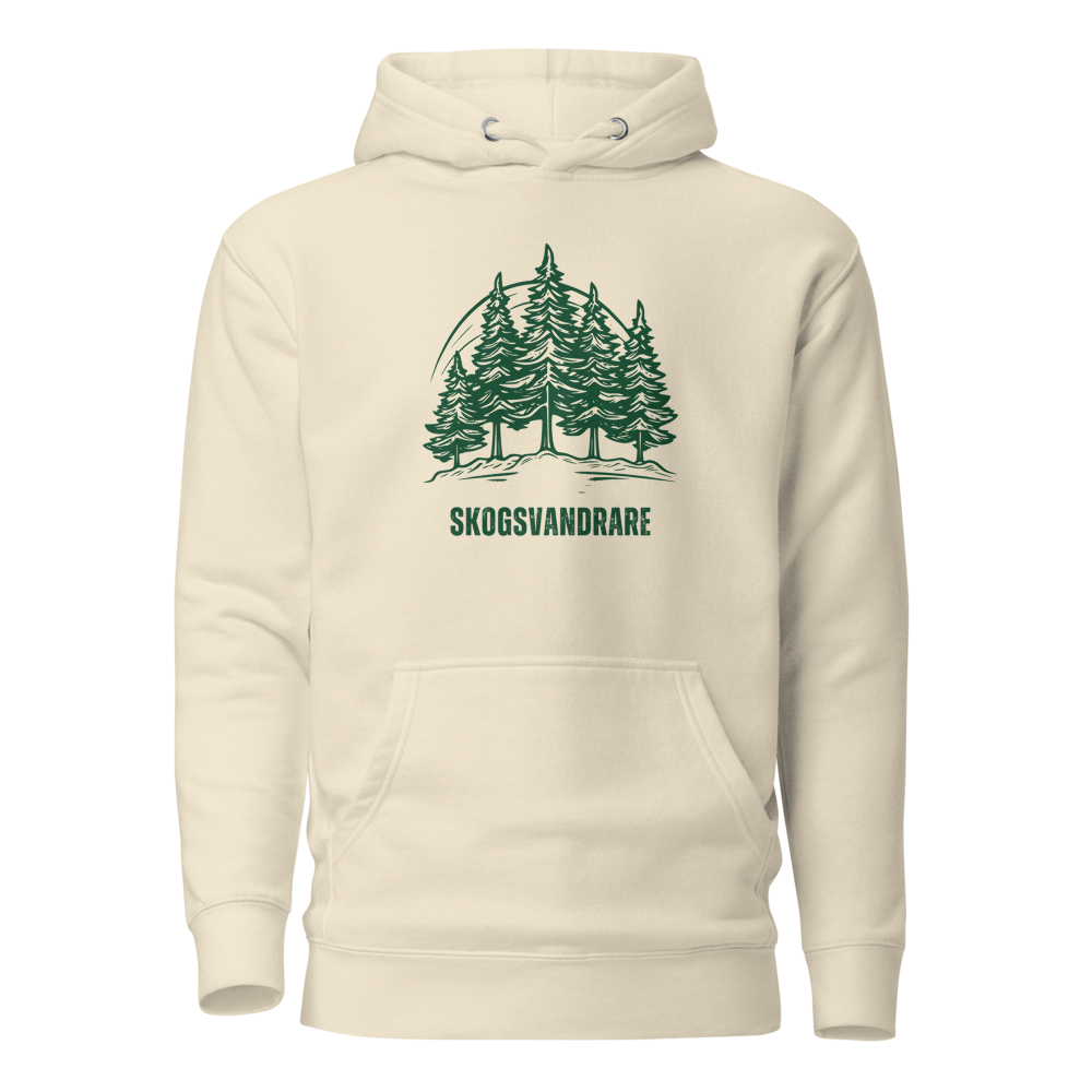 Benvit unisex hoodie med ett grönt granmotiv och texten “Skogsvandrare” tryckt på framsidan.
Bone unisex hoodie with a green pine tree design and the text “Skogsvandrare” printed on the front.
