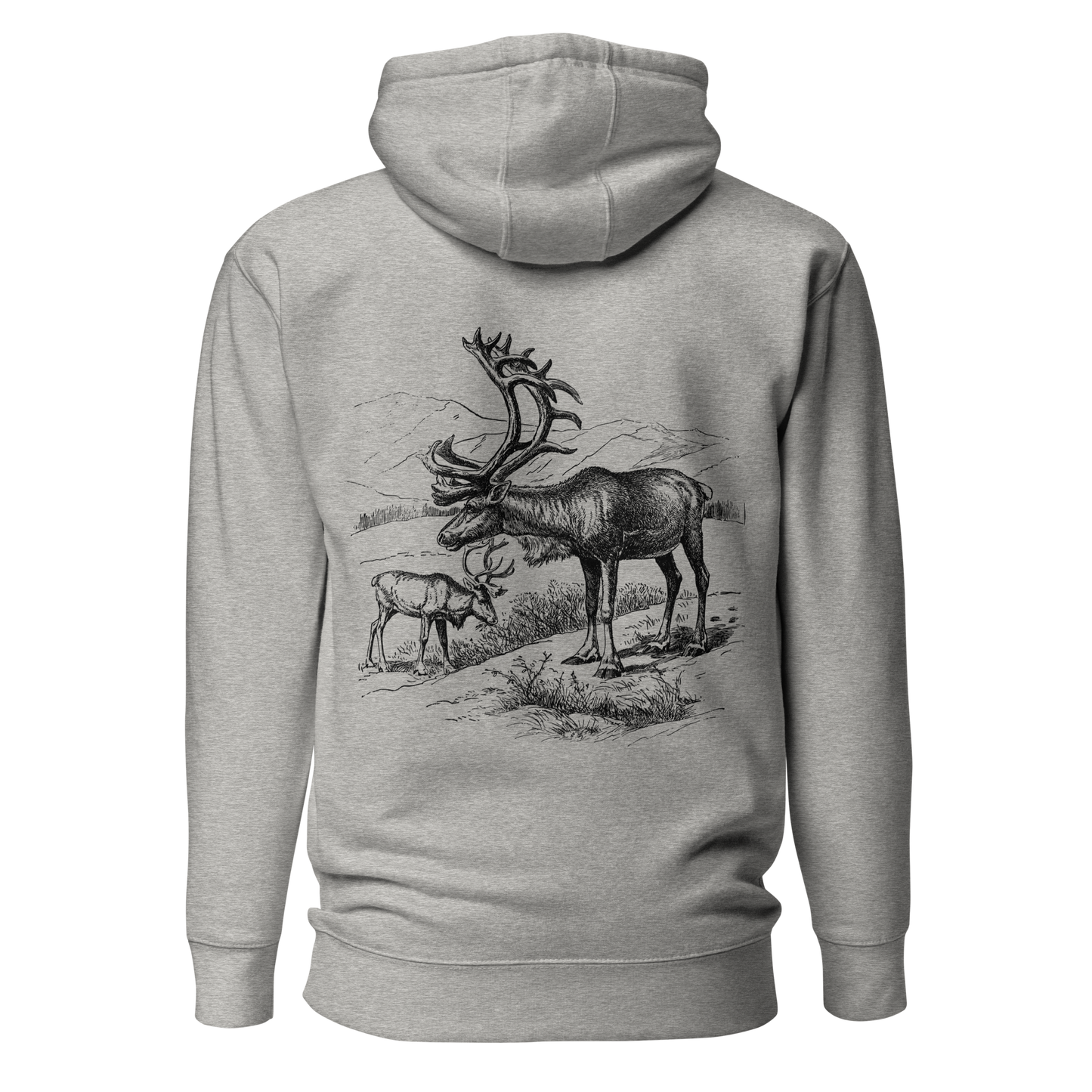 Kolfärgad grå unisex hoodie med ett detaljerat svartvitt tryck av två fjällrenar i ett bergslandskap på ryggen.
Carbon grey unisex hoodie with a detailed black-and-white print of two mountain reindeer in an alpine landscape on the back.