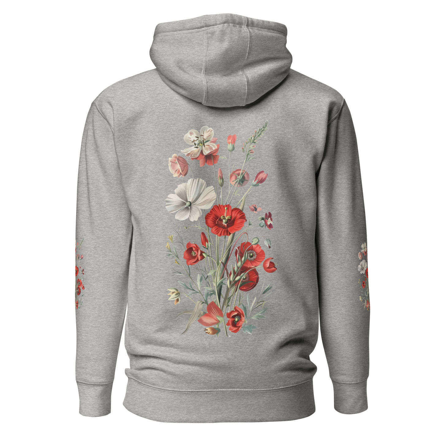Kolfärgad grå unisex hoodie med detaljerade röda och vita vilda blommor tryckta på ryggen och båda ärmarna.
Carbon grey unisex hoodie with detailed red and white wildflowers printed on the back and both sleeves.