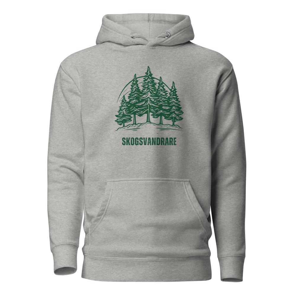 Kolfärgad grå unisex hoodie med ett grönt granmotiv och texten “Skogsvandrare” tryckt på framsidan.
Carbon grey unisex hoodie with a green pine tree design and the text “Skogsvandrare” printed on the front.