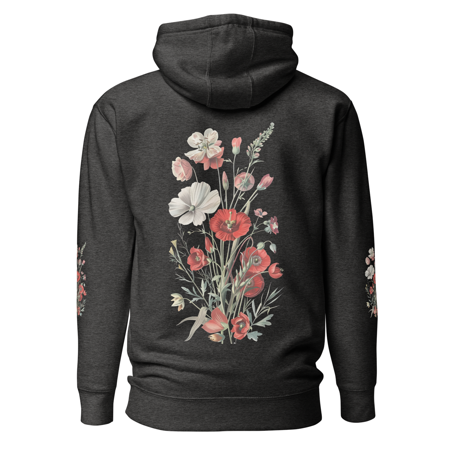 Mörkgråmelerad unisex hoodie med detaljerade röda och vita vilda blommor tryckta på ryggen och båda ärmarna.
Charcoal heather unisex hoodie with detailed red and white wildflowers printed on the back and both sleeves.