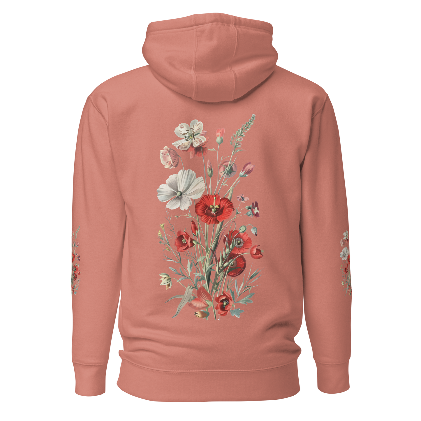 Gammelrosa unisex hoodie med detaljerade röda och vita vilda blommor tryckta på ryggen och båda ärmarna.
Dusty rose unisex hoodie with detailed red and white wildflowers printed on the back and both sleeves.