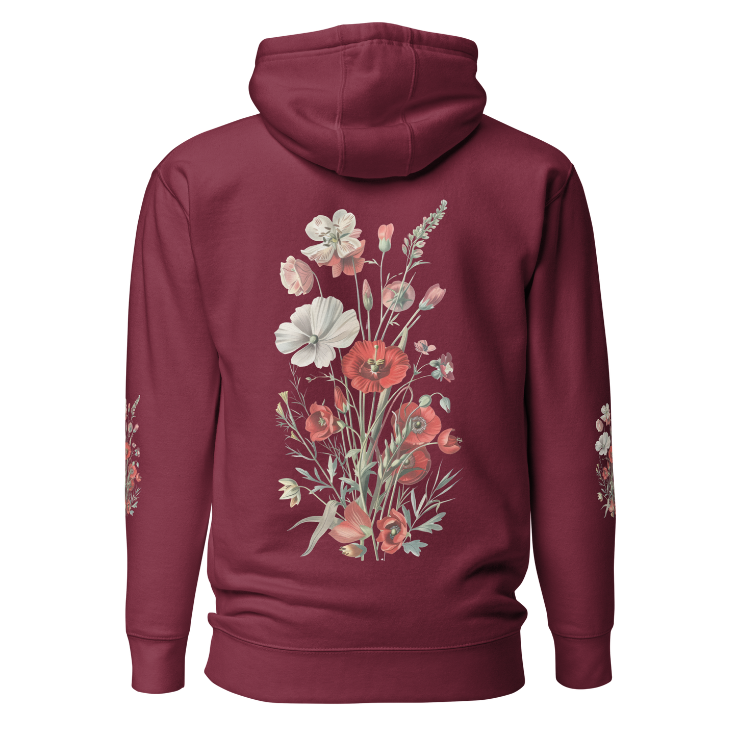 Vinröd unisex hoodie med detaljerade röda och vita vilda blommor tryckta på ryggen och båda ärmarna.
Maroon unisex hoodie with detailed red and white wildflowers printed on the back and both sleeves.