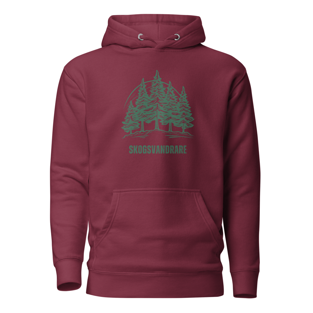 Vinröd unisex hoodie med ett grönt granmotiv och texten “Skogsvandrare” tryckt på framsidan.
Maroon unisex hoodie with a green pine tree design and the text “Skogsvandrare” printed on the front.