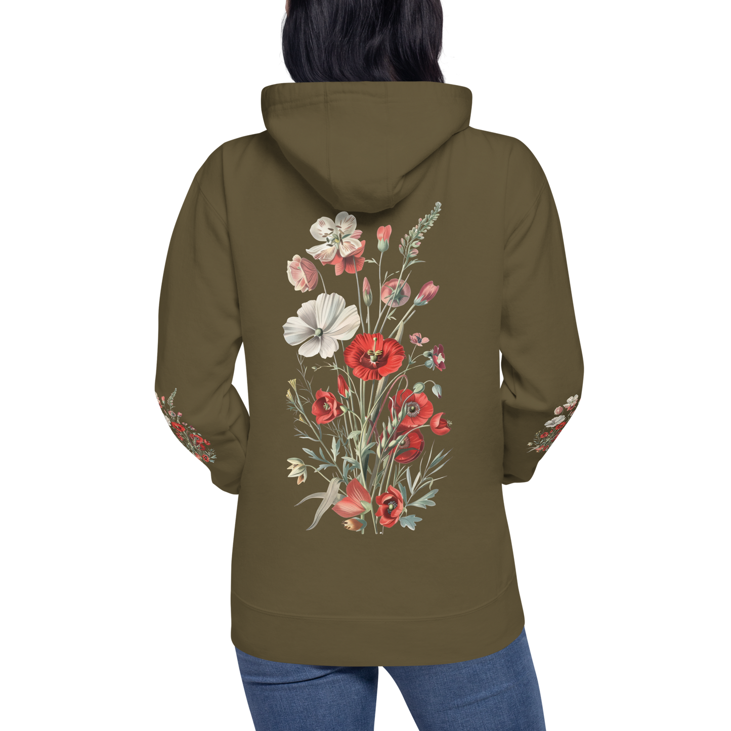 Unisex Premium Hoodie – Vilda Blommor i Rött