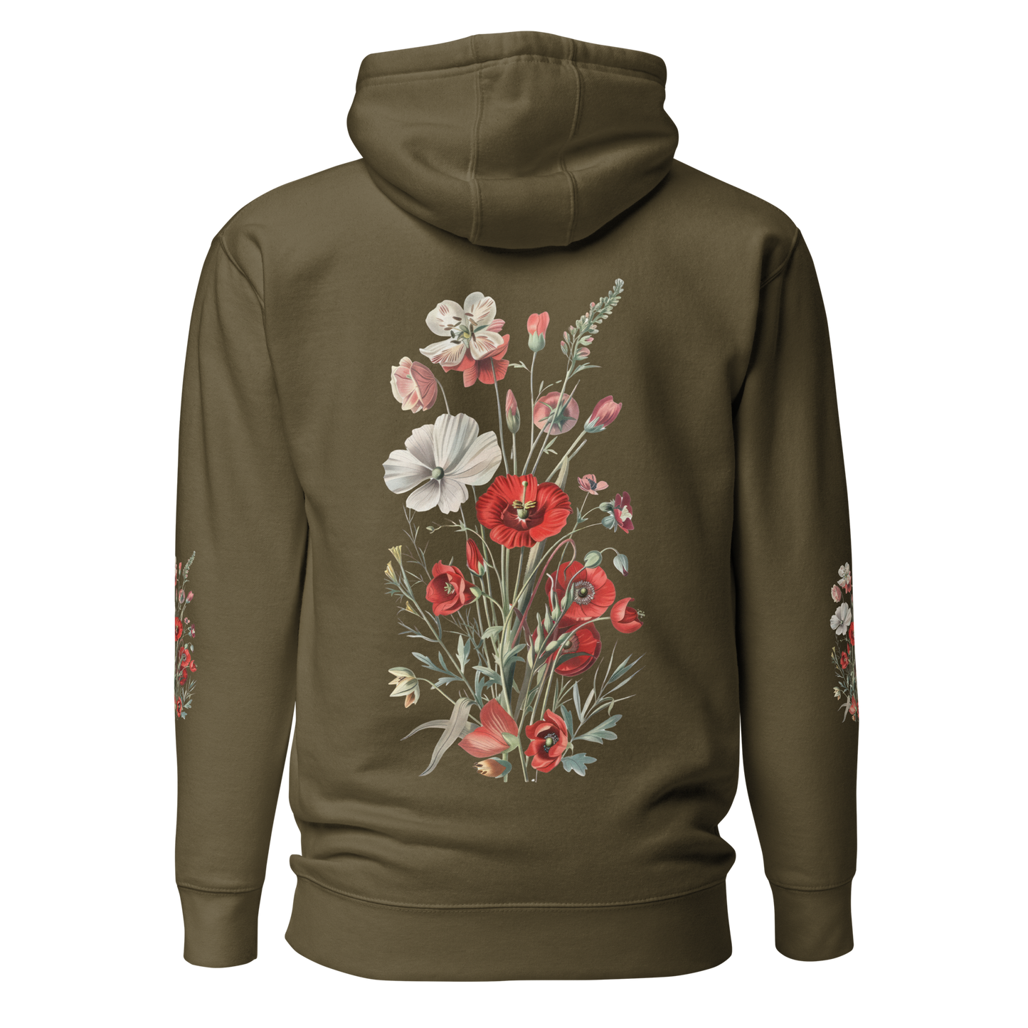 Militärgrön unisex hoodie med detaljerade röda och vita vilda blommor tryckta på ryggen och båda ärmarna.
Military green unisex hoodie with detailed red and white wildflowers printed on the back and both sleeves.