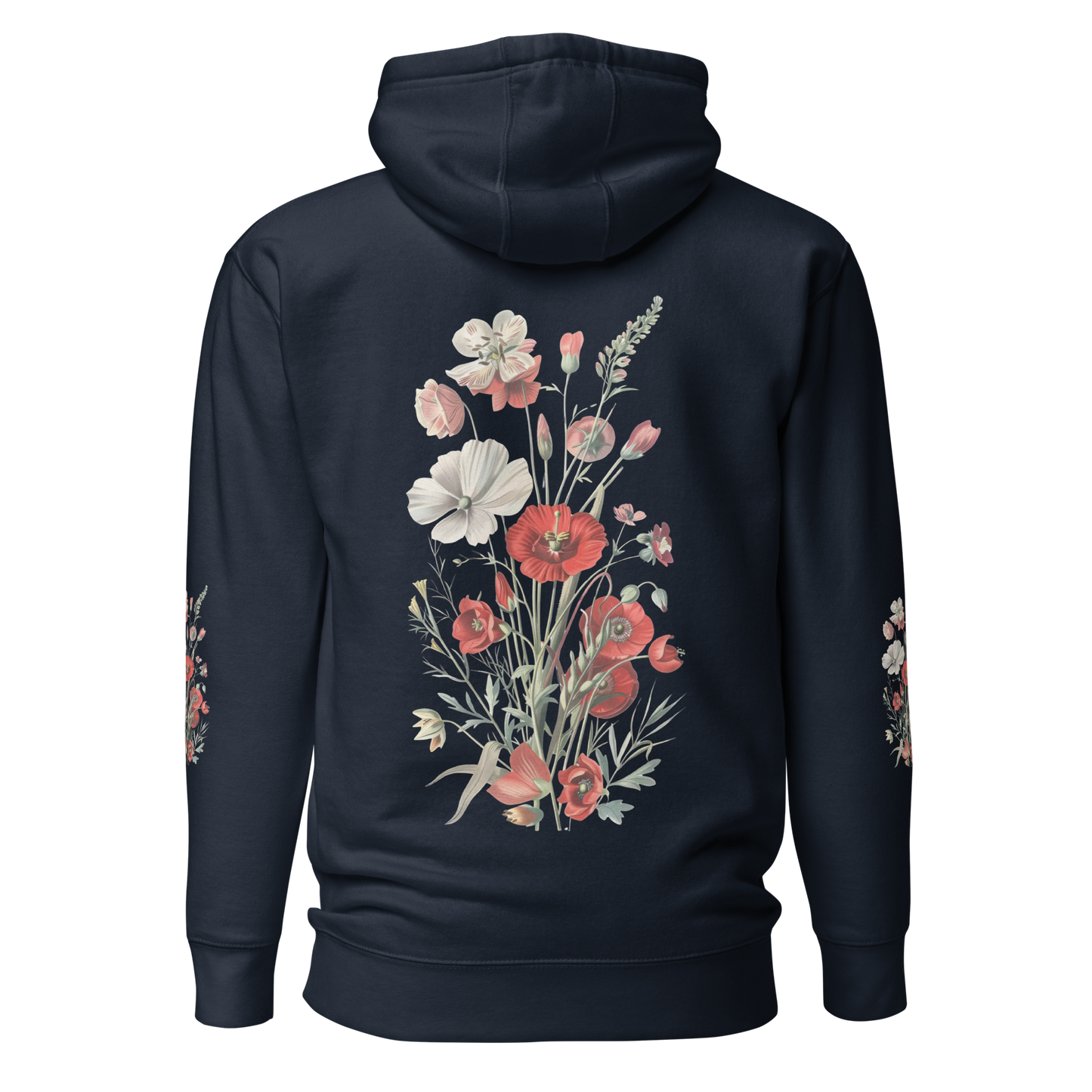 Marinblå unisex hoodie med detaljerade röda och vita vilda blommor tryckta på ryggen och båda ärmarna.
Navy unisex hoodie with detailed red and white wildflowers printed on the back and both sleeves.