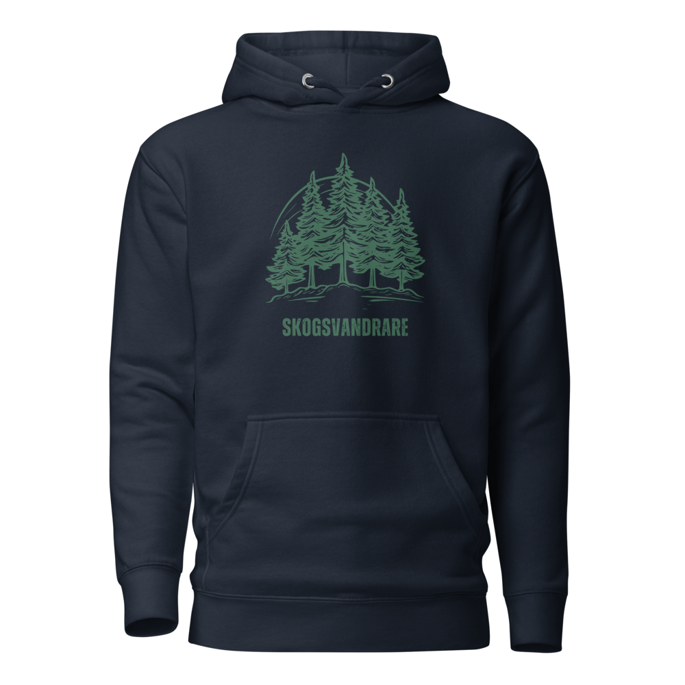 Marinblå unisex hoodie med ett grönt granmotiv och texten “Skogsvandrare” tryckt på framsidan.
Navy unisex hoodie with a green pine tree design and the text “Skogsvandrare” printed on the front.