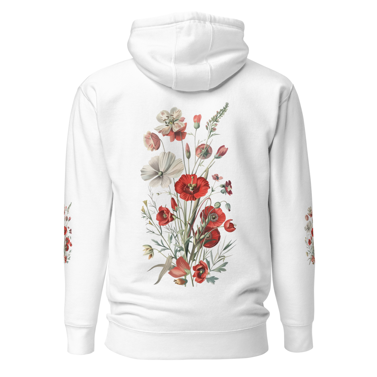 Vit unisex hoodie med detaljerade röda och vita vilda blommor tryckta på ryggen och båda ärmarna.
White unisex hoodie with detailed red and white wildflowers printed on the back and both sleeves.