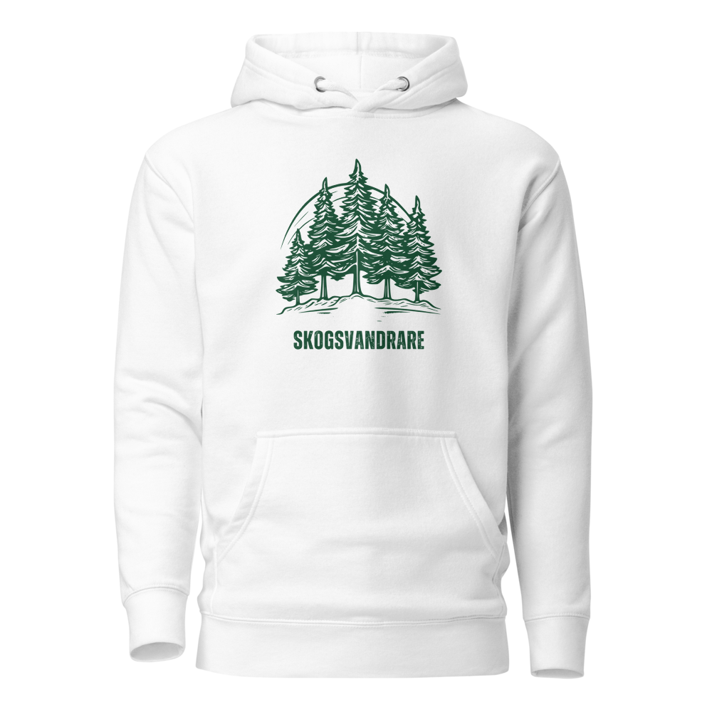 Vit unisex hoodie med ett grönt granmotiv och texten “Skogsvandrare” tryckt på framsidan.
White unisex hoodie with a green pine tree design and the text “Skogsvandrare” printed on the front.