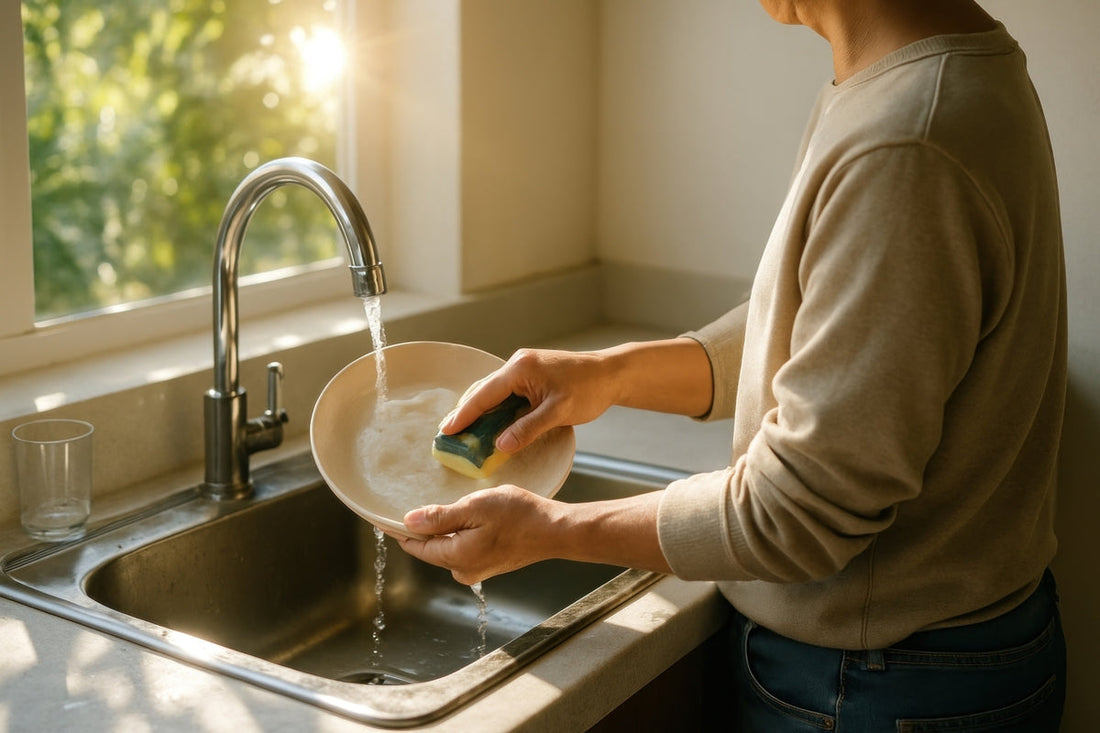 En person diskar med fast tvål i naturligt ljus – hållbar diskrutin utan plast.