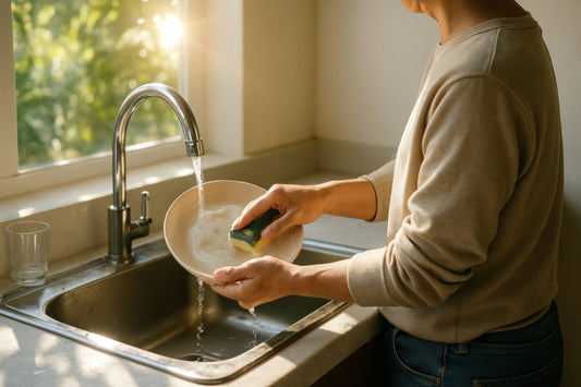 En person diskar med fast tvål i naturligt ljus – hållbar diskrutin utan plast.
