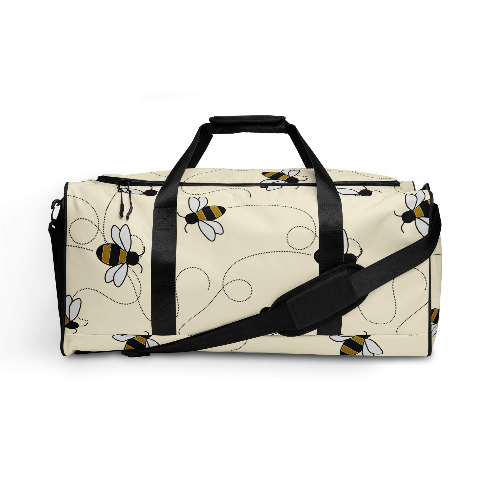 Duffelväska i polyester med svart rem och mönster av tecknade bin i svart, vitt och gult på ljus bakgrund.
Polyester duffel bag with black strap and a pattern of cartoon bees in black, white, and yellow on a light background.