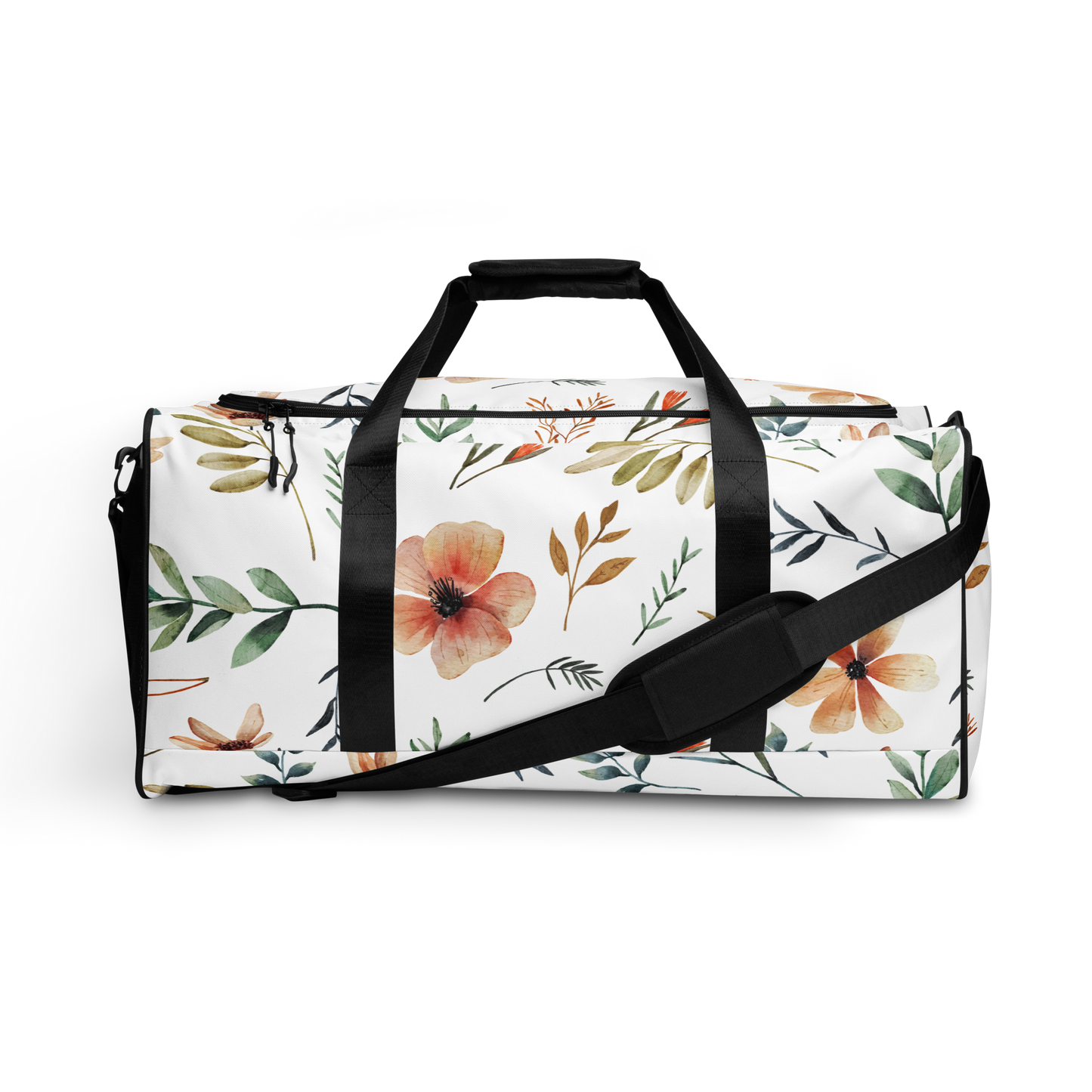 Duffelväska i polyester med svart rem och akvarellmålade blommor och blad i mjuka färger på vit botten.
Polyester duffel bag with black strap and watercolor-style flowers and leaves in soft tones on a white background.