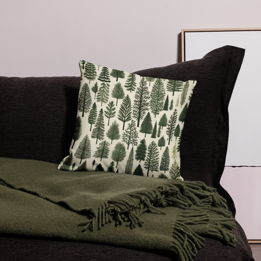 Premium pillow case with double-sided print featuring hand-drawn green spruces. 
Kuddfodral i premiumkvalitet med tryck på båda sidor och gröna handritade granar. 45.7x45.7 cm
