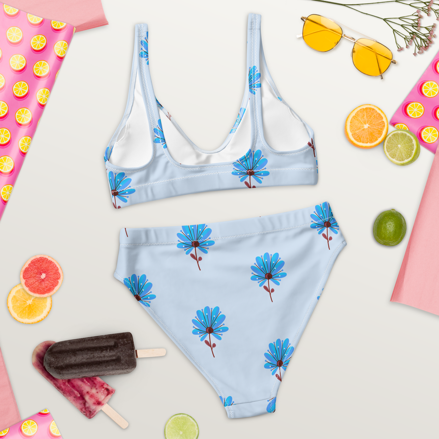 Återvunnen Högmidjad Bikini - Blåblommor