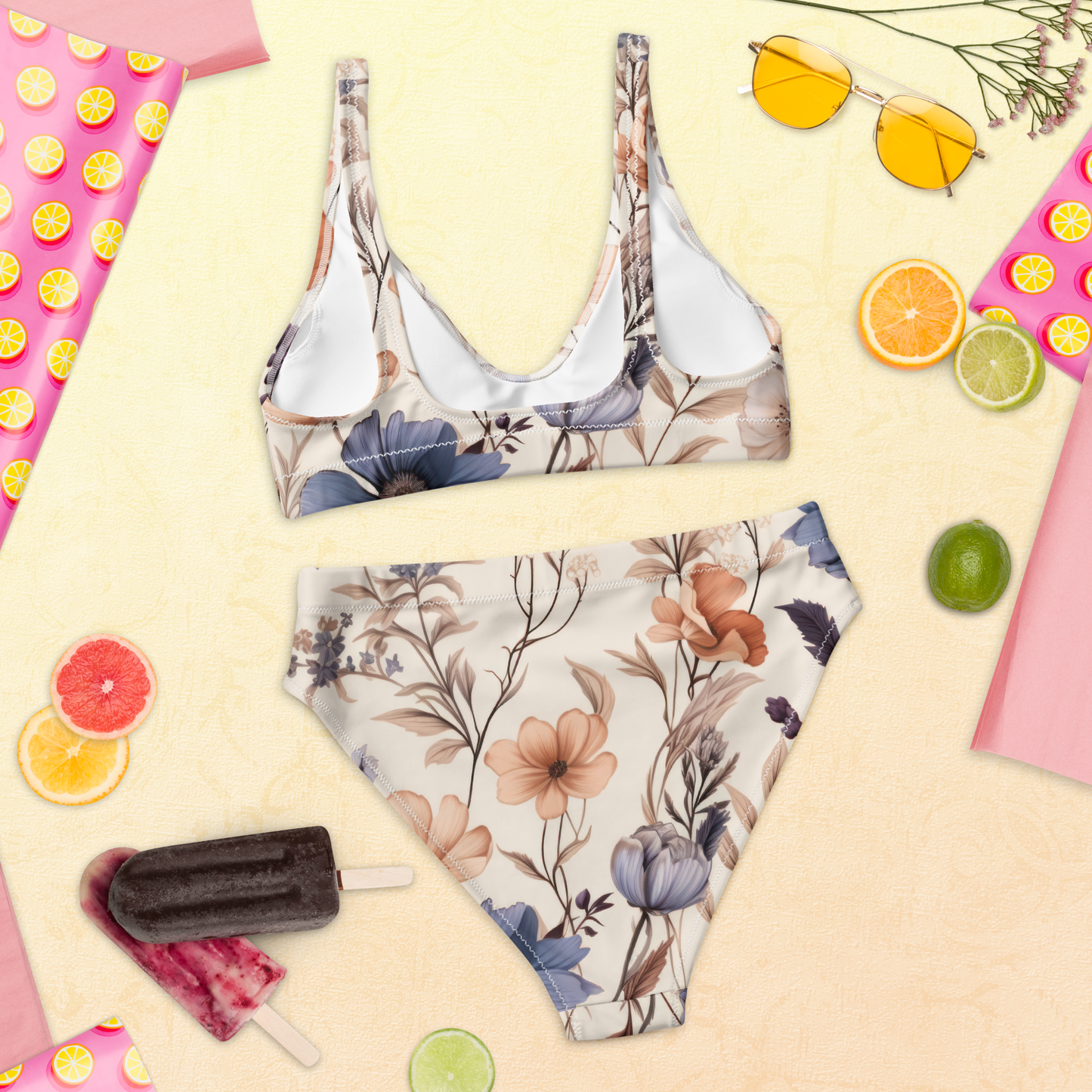 Återvunnen Högmidjad Bikini - Blommor i Naturfärger