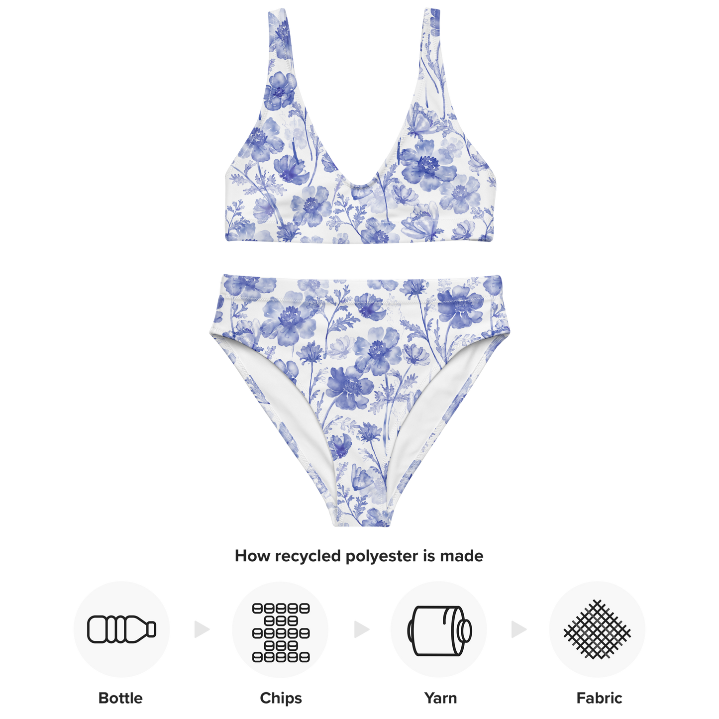 Återvunnen Högmidjad Bikini – Blåblommigt Mönster