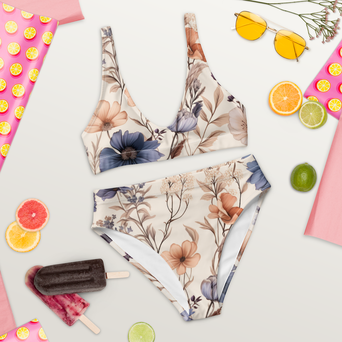 Återvunnen Högmidjad Bikini - Blommor i Naturfärger