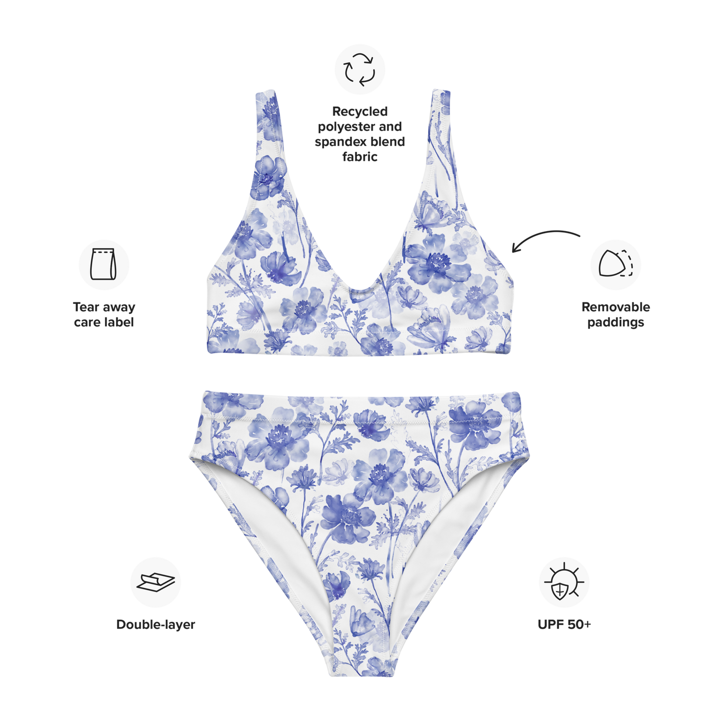 Återvunnen Högmidjad Bikini – Blåblommigt Mönster