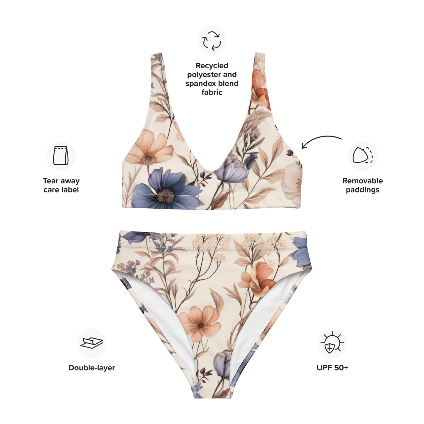 Återvunnen Högmidjad Bikini - Blommor i Naturfärger